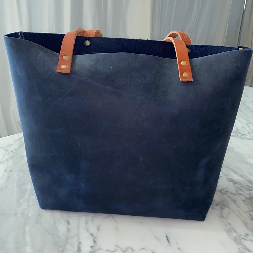 NEW Portland Leather handbag in blue with tan handles for $120!